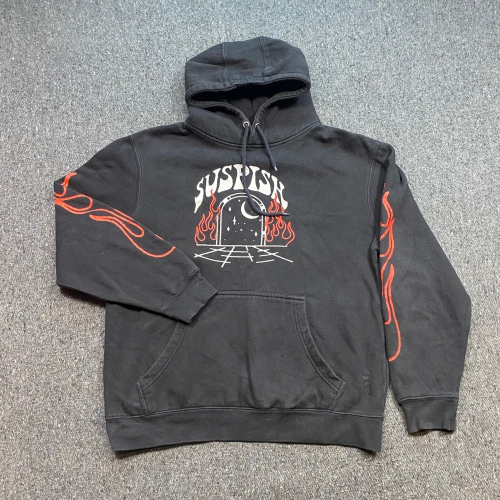 Andy Schrock Suspish Hoodie Sz L Mens Black Skater Flame Graphic Streetwear